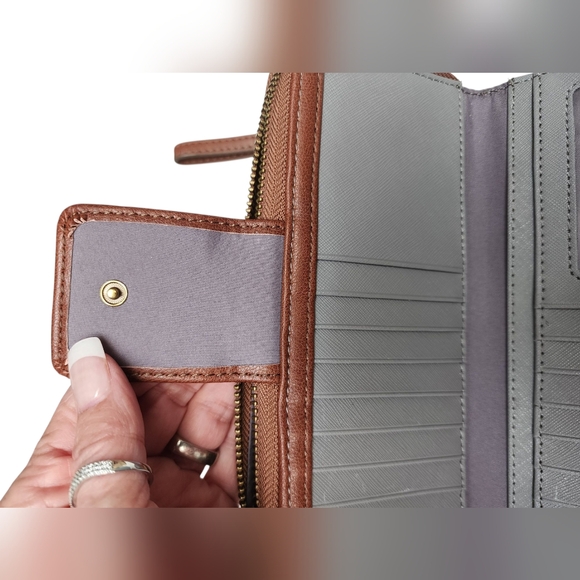 FOSSIL Brown and Cream Monogram Print Textured Wallet - Picture 13 of 16